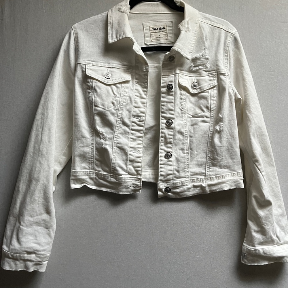 Wax Jean White Distressed Cropped Denim Jacket Size S